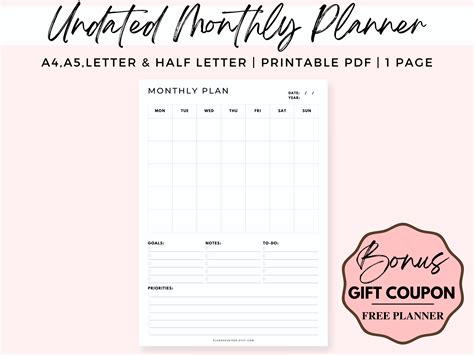 Undated Monthly Planner Printable Pdf Graphic By Plannersbybee Creative Fabrica