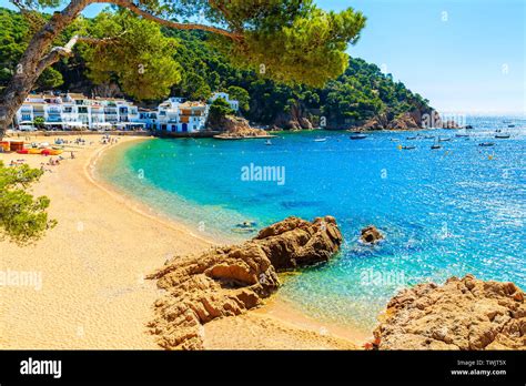 Young Woman Sitting On A Rock At Amazing Sandy Beach In Tamariu Seaside