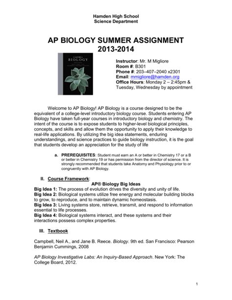 Ap Biology Summer Assignment 2013 2014