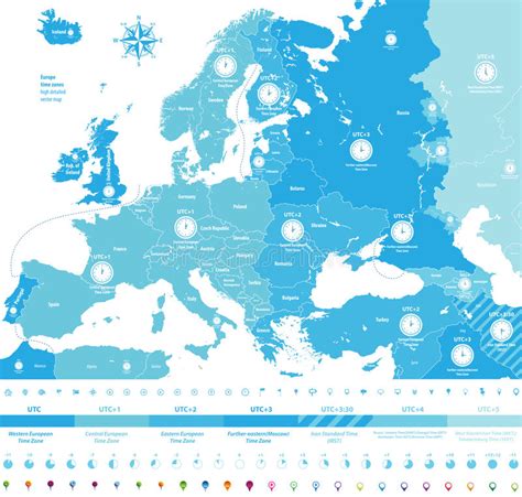 Europe Time Zones High Detailed Map With Location And Clock Icons