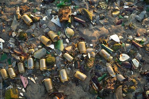 Glass Bottles Litter The Beach And Glimmer In The Evening Sunlight By