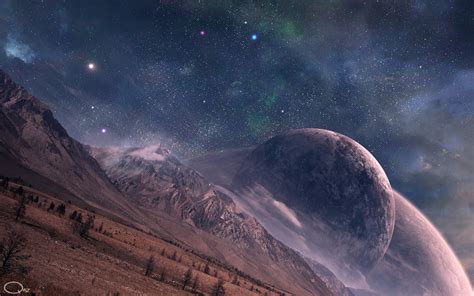 Wallpaper Mountains Galaxy Planet Stars Clouds Space Art Snowy