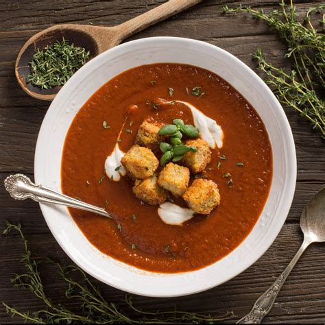 Fire Roasted Tomato Soup With Garlic Croutons Planted And Picked
