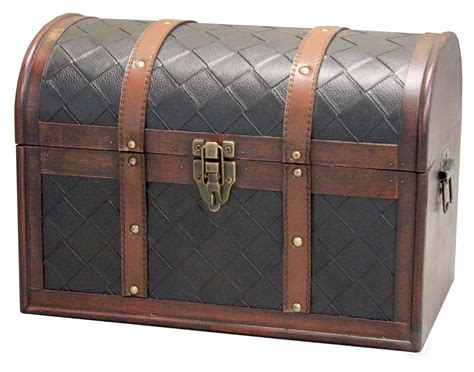 Wooden Leather Round Top Treasure Chest Decorative Storage Trunk With