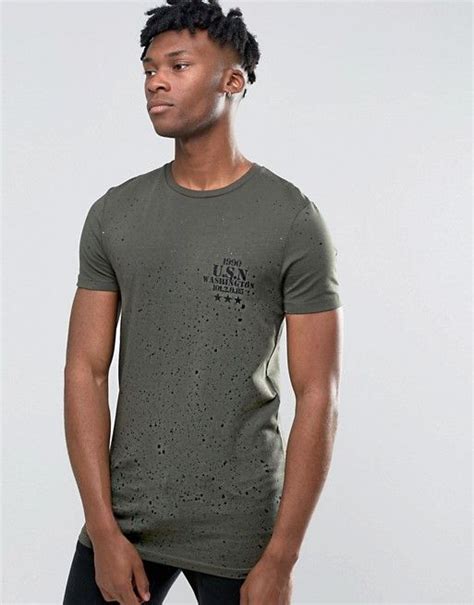 Asos Longline Muscle T Shirt With Splatter Print And Military Chest