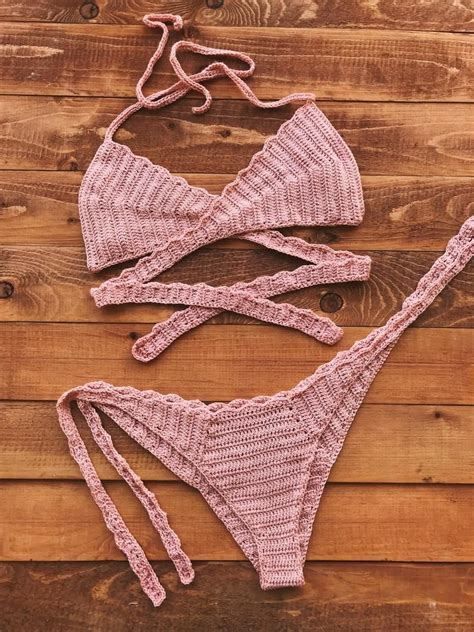 Crochet Bikini Set Handmade Swimsuit Knitted Bathing Suit With Harness