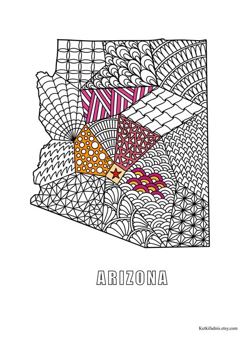 Arizona Map Colouring Page Digital Download Pdf Zentangle Etsy