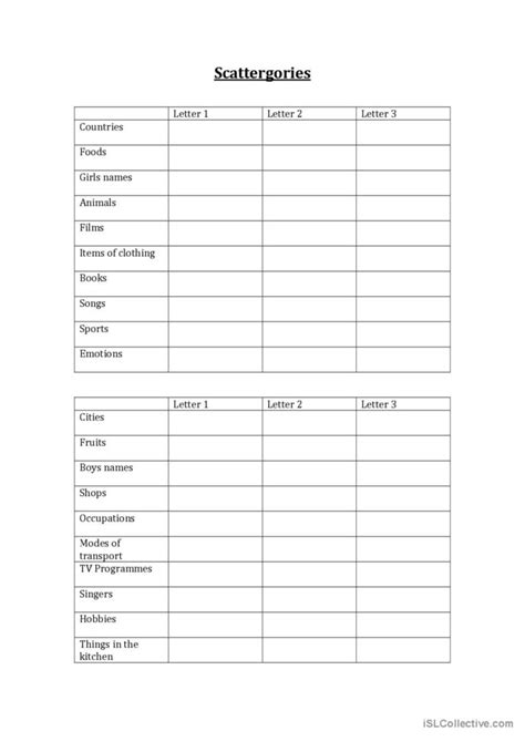 Scattergories English Esl Worksheets Pdf And Doc