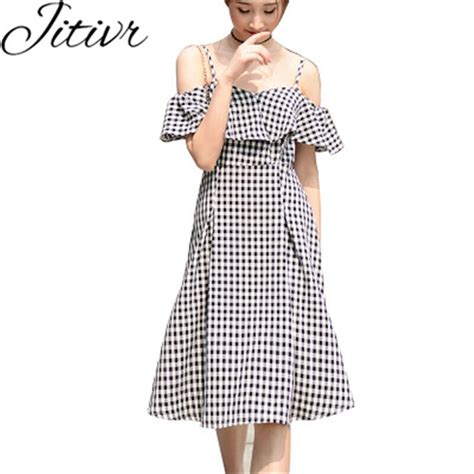 jitivr summer dress 2018 england style plaid off shoulder dresses for women vintage sling ruffle