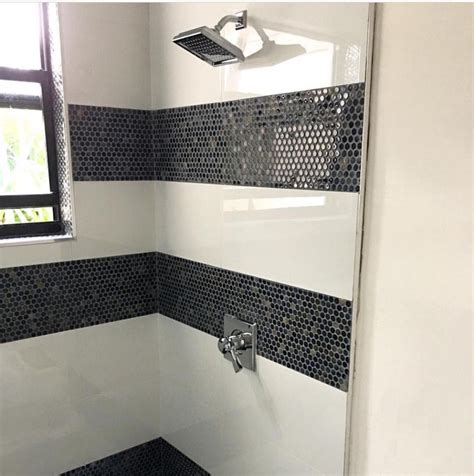 Black White Shower Deco Band Penny Tile With Large White Gloss Tile Timeless Bathroom
