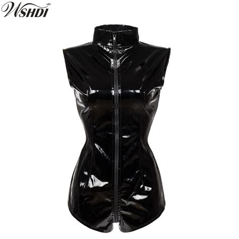Women Sexy Catsuits Black Pvc Leather Bodysuit Shiny Bodycon Zipper