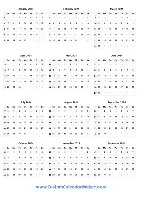 2024 Calendar With Week Numbers Printable Caryl Crystie