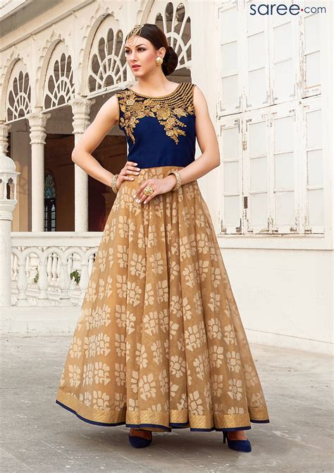 Blue And Beige Raw Silk Gown With Zari Work Silk Gown Indian Fashion