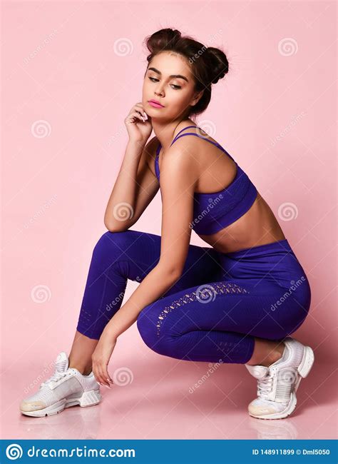 Sporty Slim Brunette Fitness Woman In Blue Sport Wear After Workout