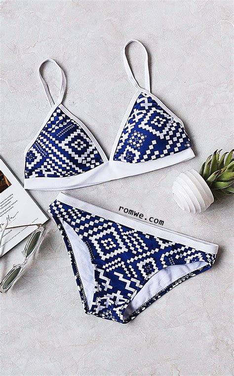 Blue Geometric Print Triangle Bikini Set Bikinis Swimsuits Cute Bathing Suits