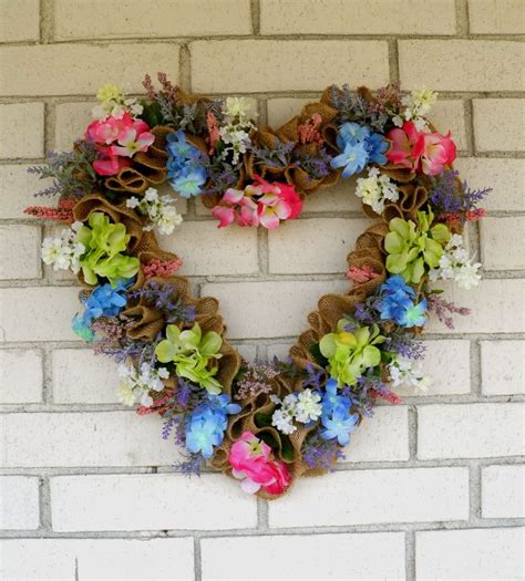 Heart Shaped Spring Floral Wreath For Front Door Burlap Wreath For