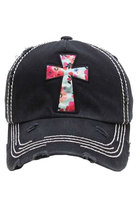 Floral Cross Distressed Baseball Cap Baseball Caps For Women