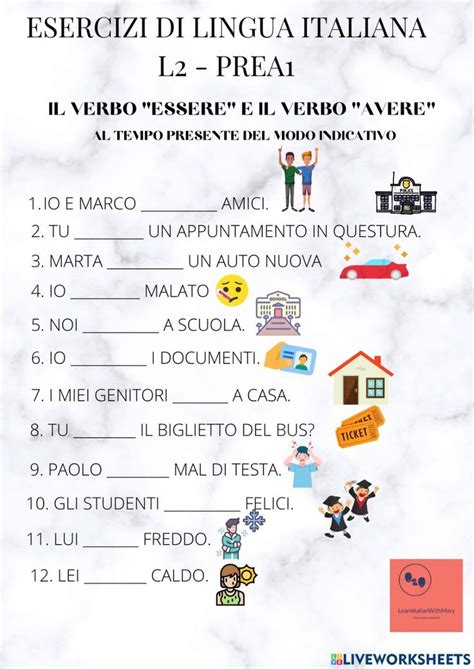 Verbo Essere E Verbo Avere Exercise Italian Lessons Italian Words