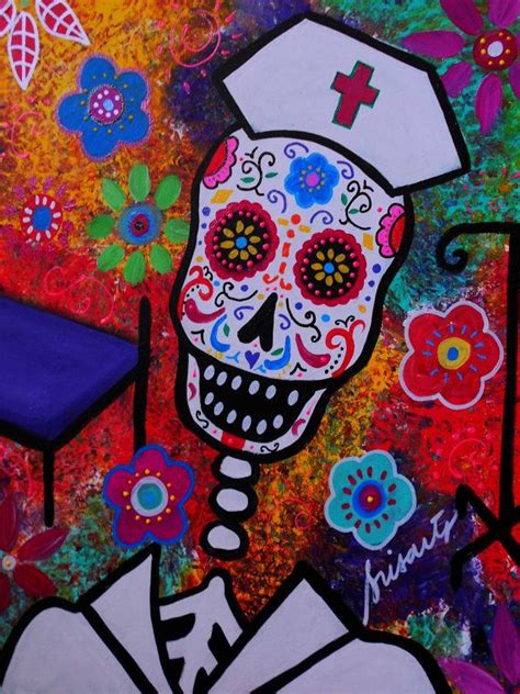 Mexican Day Of The Dead Folk Art Nurse Skulls Sugar By Prisarts 3500