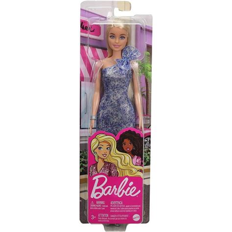 barbie blonde hair blue eyes with short blue sequins mini dress and silver platform shoes