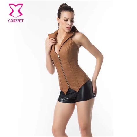Brown V Neck Halter Front Zipper Faux Leather Overbust Steampunk Corset
