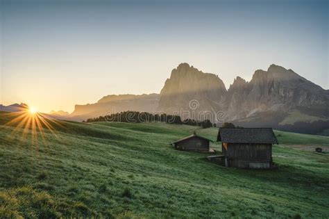 Alpe Di Siusi At Sunny Morning Sunrise Dolomites Mountains Italy