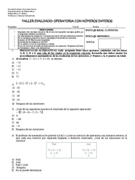 Taller Evaluado Operatoria Numeros Enteros 1 Medio Final Pdf Enseñanza De Matemática