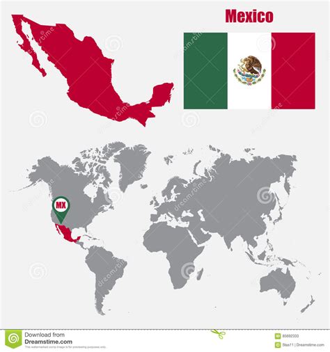 Mexico Map On A World Map With Flag And Map Pointer Vector