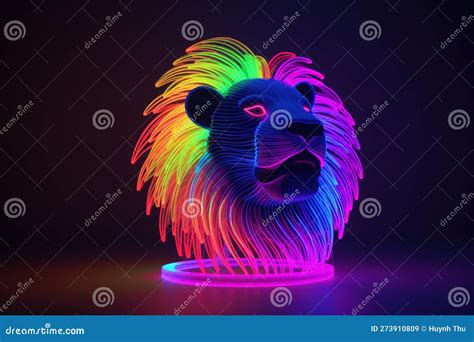 Lion Made Of Rainbow Colored Lights At Night Black Background Stock
