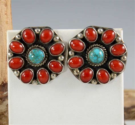 Silver Coral Turquoise Earrings Navajo Hoel S Indian Shop