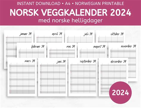 2024 Norsk Kalender Med Helligdager Pdf A4 Veggkalender