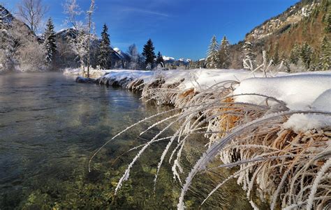 Обои зима трава снег пейзаж горы природа озеро Германия Бавария Альпы леса картинки на