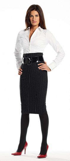 Long Black Pinstripe Pencil Skirt White Blouse Wide Black Belt Black