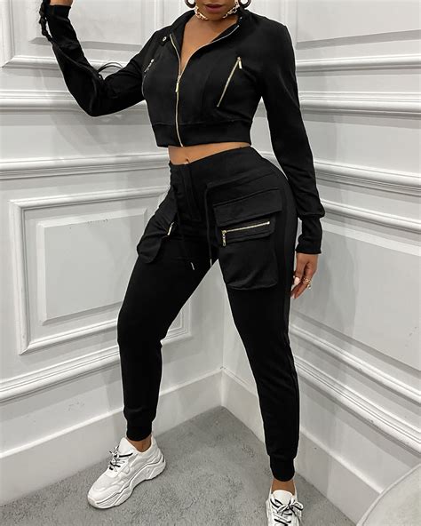 Zipper Design Crop Top Cargo Pants Sets Online Discover Hottest