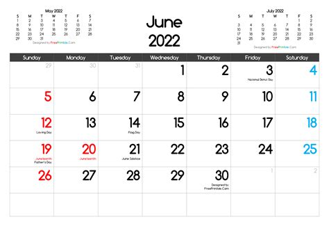free printable june 2022 calendar with holidays pdf png