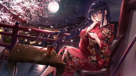 Wallpaper Anime Girl Kimono Moon Sakura Tree Scenic
