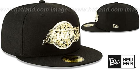 Los Angeles Lakers Gold Shattered Metal Badge Black Fitted Hat