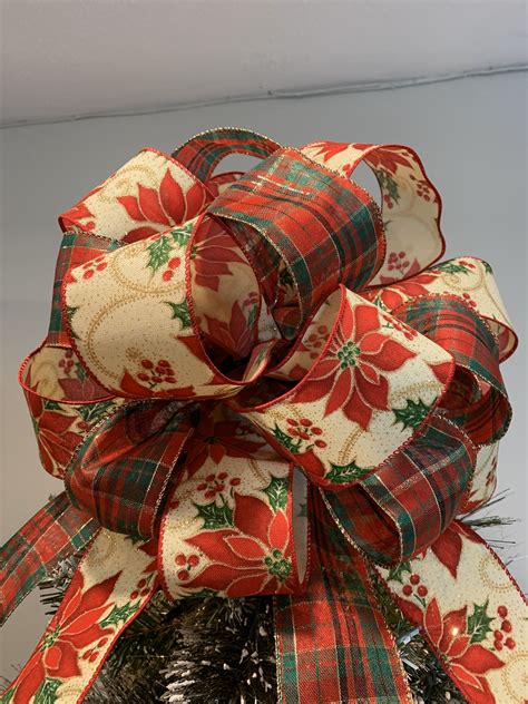Large Christmas Tree Topper Bow Made With A Red And Green Etsy Tree