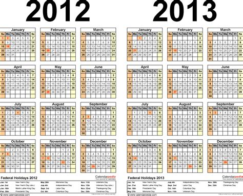 2012 2013 Two Year Calendar Free Printable Microsoft Excel Templates