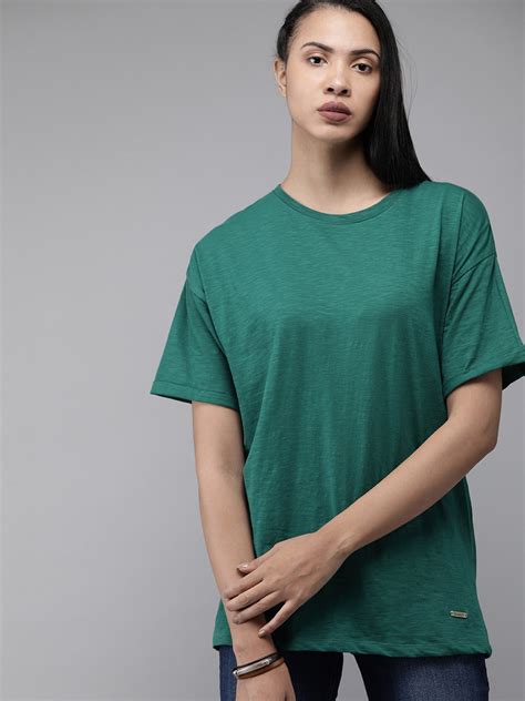 Buy The Roadster Lifestyle Co Women Teal Green Solid Round Neck Pure