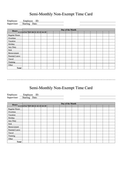 Semi Monthly Non Exempt Time Card Template Printable Pdf Download