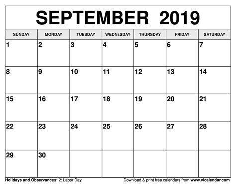 September 2019 Calendar Printable Templates