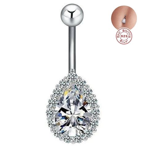 925 Sterling Silver Belly Button Bars Tear Drop Navel Piercing Ring Clear Cz Navel Rings Belly