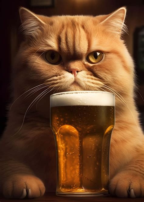 Cute Cat Drinking Beer Poster By Pixaverse Displate