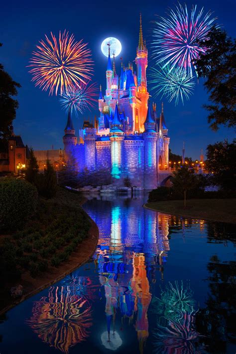 Walt Disney World Cinderellas Castle Fireworks Under Full Moon Justin