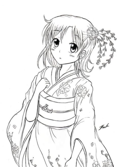 Anime Kimono Girl Line Art Sketch Coloring Page