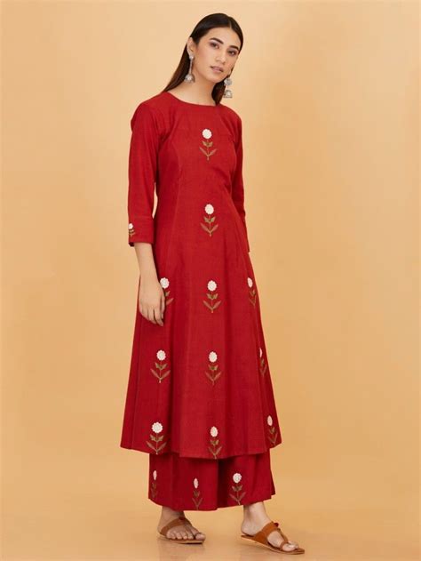Buy Red Embroidered Khadi Kurta Online At Theloom Cotton Long Dress