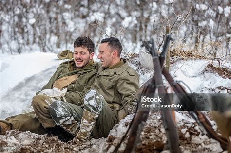 Ww Ii Front Lines In The Snow M1 Garand Stack Stock Photo Download