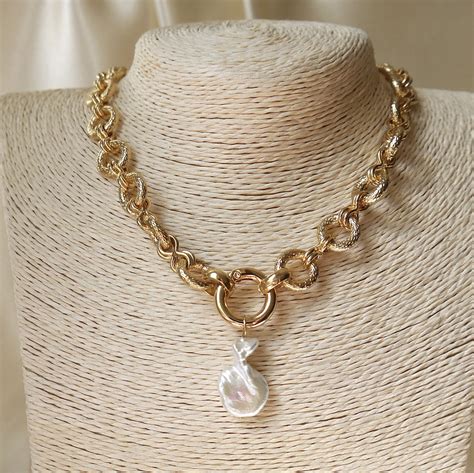 Baroque Pearl Necklace Gold Chunky Chain With Front Clasp And Etsy