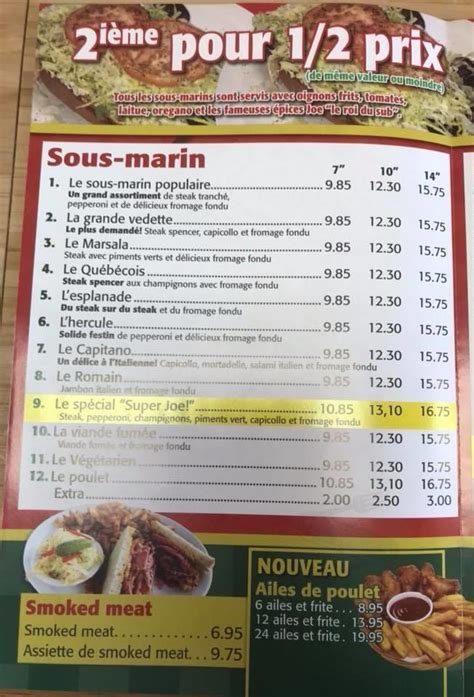 Joe Le Roi Du Sous-Marin menu in Saint-Hubert, Quebec, Canada